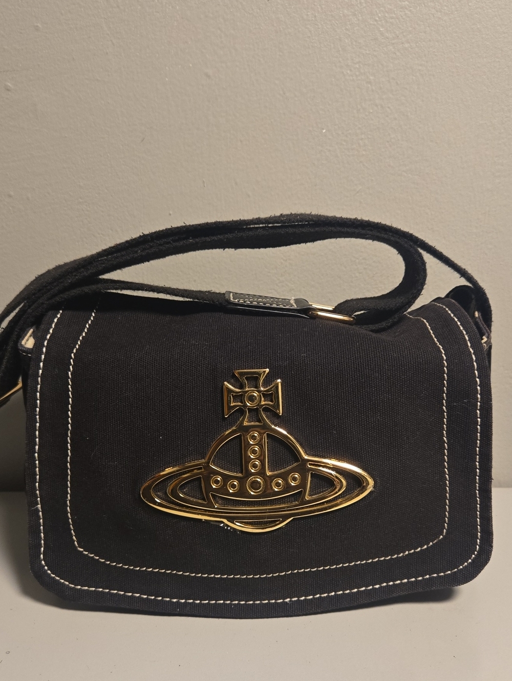Vivienne Westwood Black Canvas Crossbody with Gold Emblem